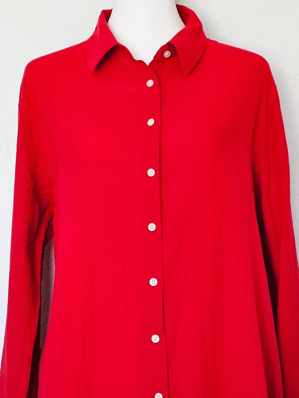 J. Crew Red Long Beach Shirt in Airy Gauze